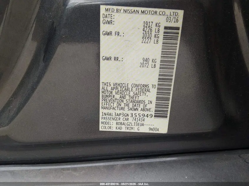 2016 NISSAN ALTIMA 2.5/2.5 S/2.5 SL/2.5 SR/2.5 SV