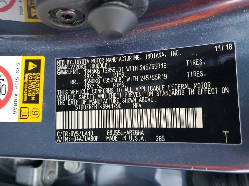 2019 TOYOTA HIGHLANDER LIMITED  