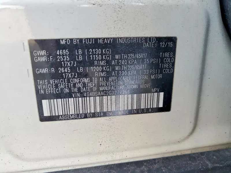 2016 SUBARU OUTBACK 2.5I  