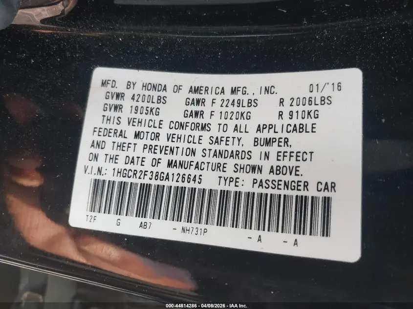 2016 HONDA ACCORD LX