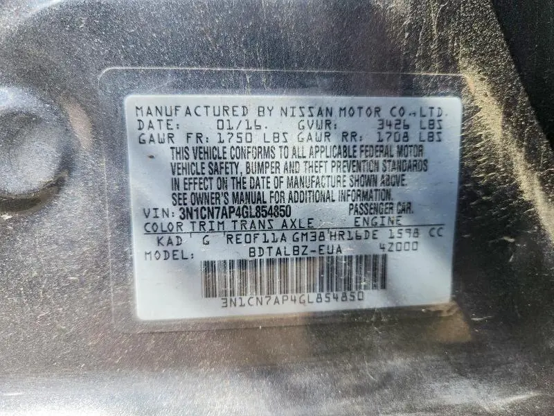 2016 NISSAN VERSA 1.6 SV  