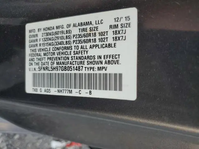 2016 HONDA ODYSSEY TOURING  