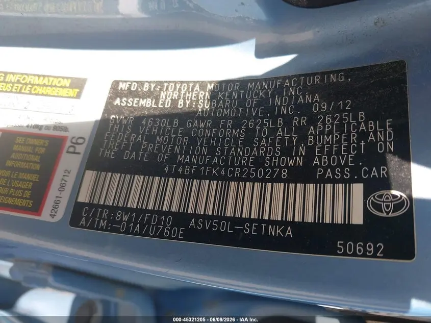 2012 TOYOTA CAMRY LE
