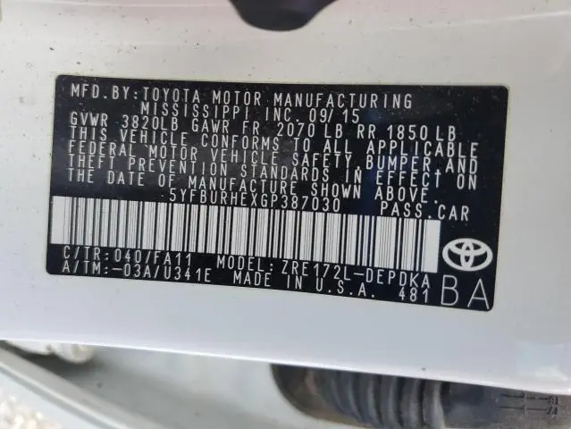 2016 TOYOTA COROLLA L  