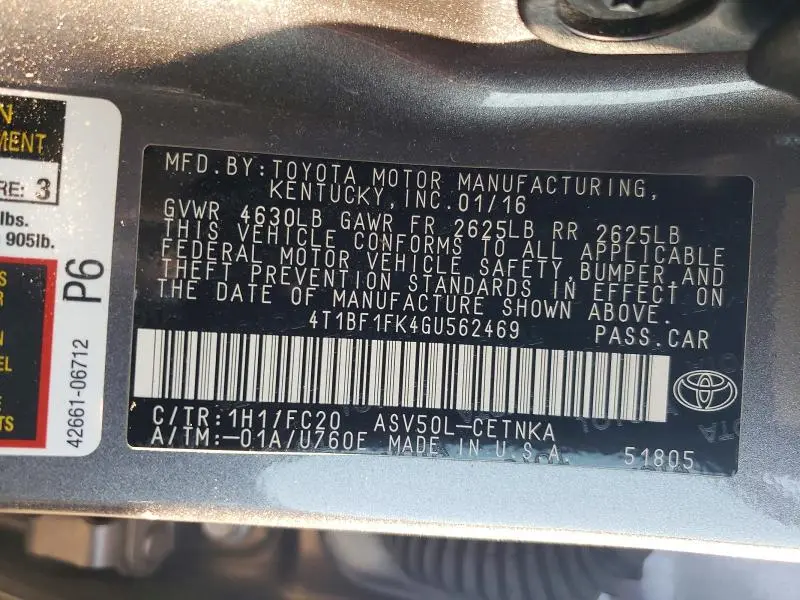 2016 TOYOTA CAMRY LE  