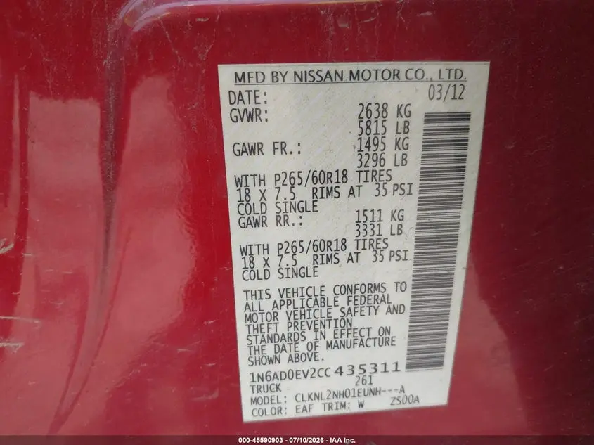 2012 NISSAN FRONTIER SV