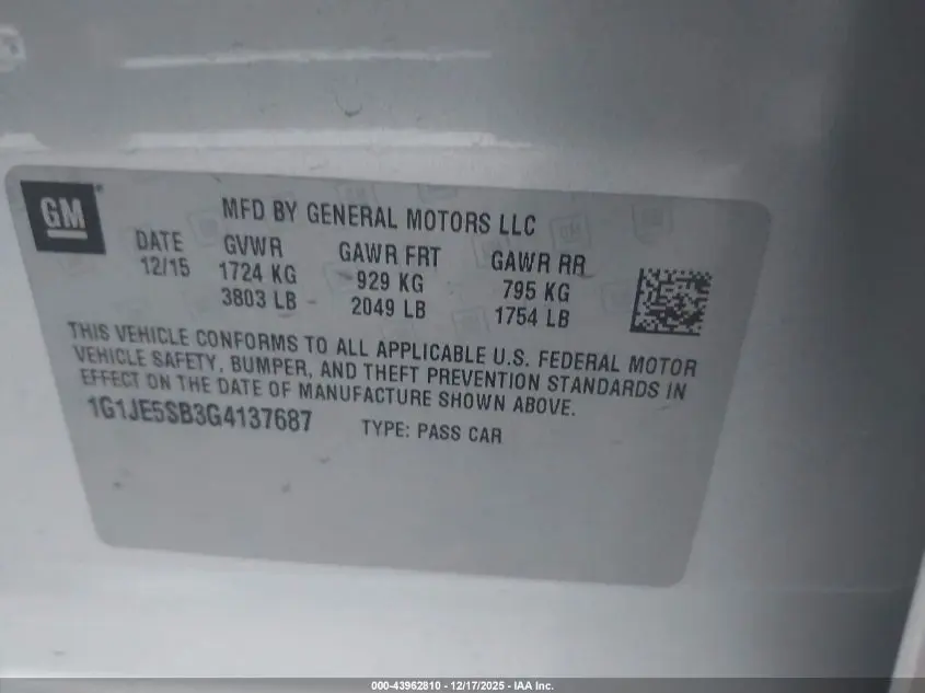 2016 CHEVROLET SONIC LTZ AUTO