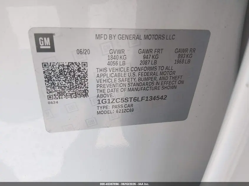 2020 CHEVROLET MALIBU FWD 1FL
