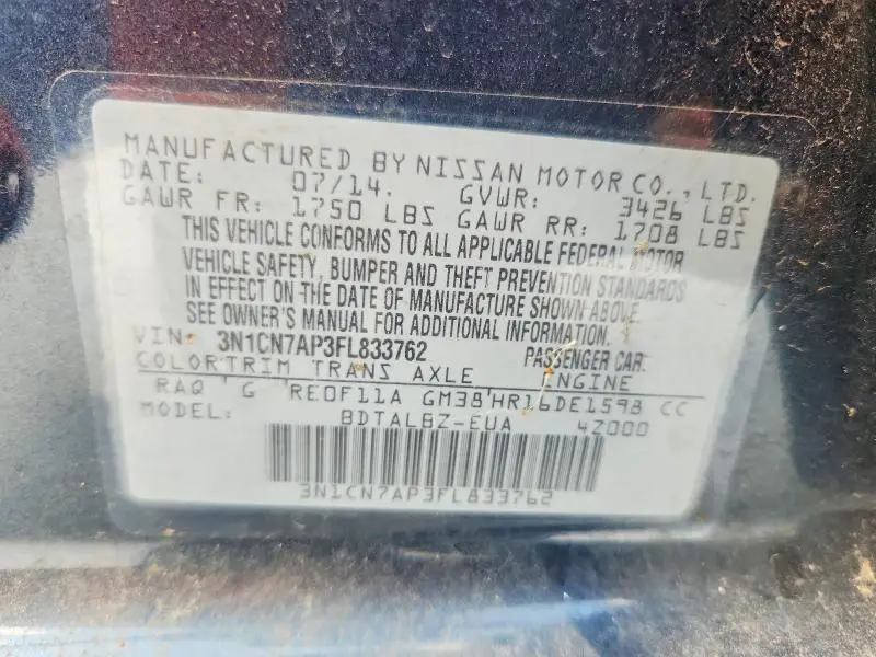 2015 NISSAN VERSA 1.6 SV  