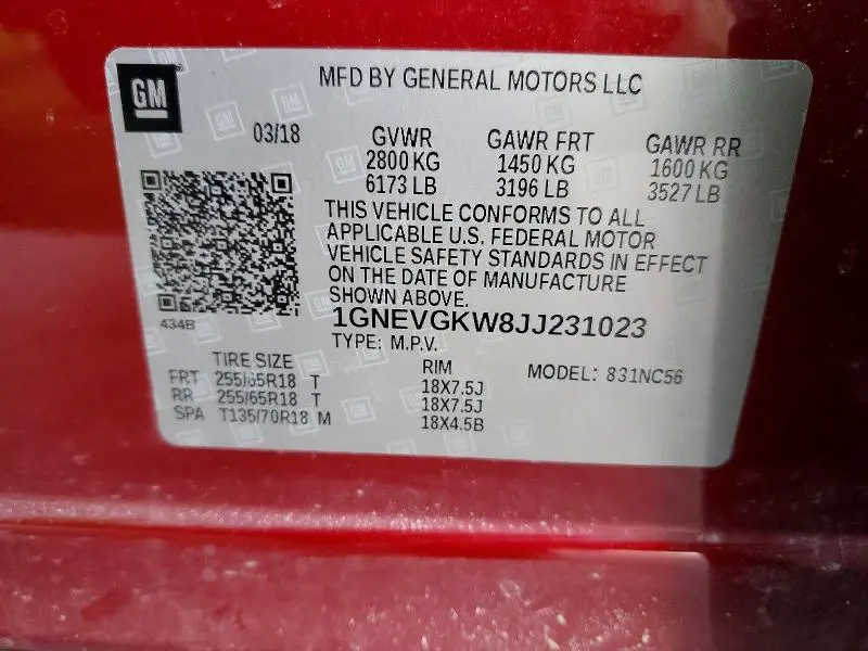 2018 CHEVROLET TRAVERSE LT  