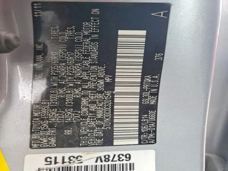 2012 TOYOTA SIENNA XLE  