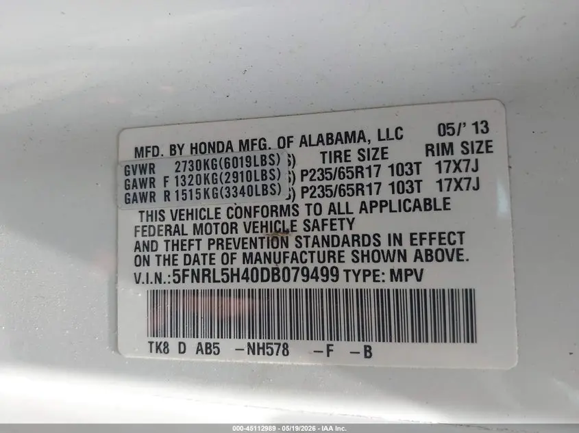 2013 HONDA ODYSSEY EX