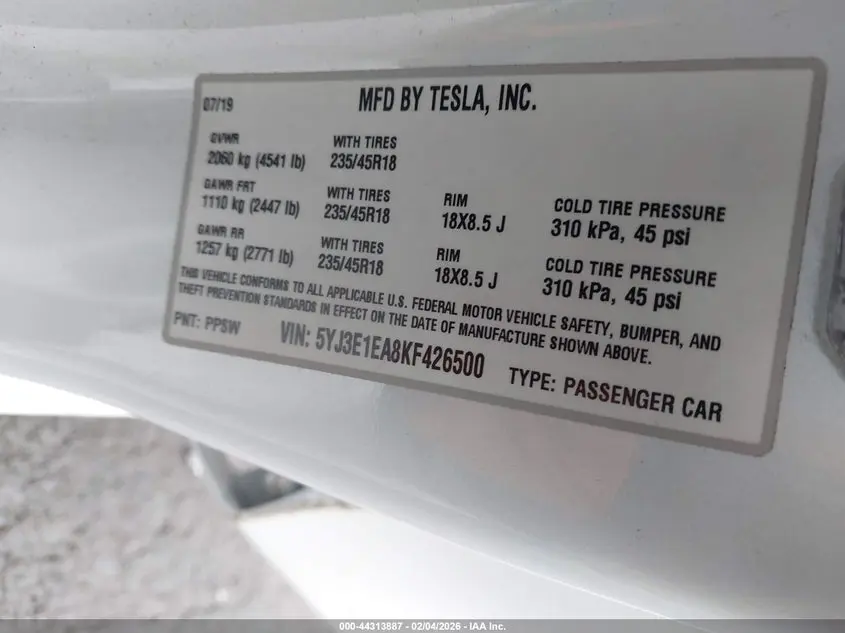 2019 TESLA MODEL 3 LONG RANGE/MID RANGE/STANDARD RANGE/STANDARD RANGE PLUS