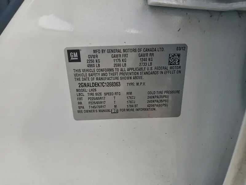 2012 CHEVROLET EQUINOX LT  