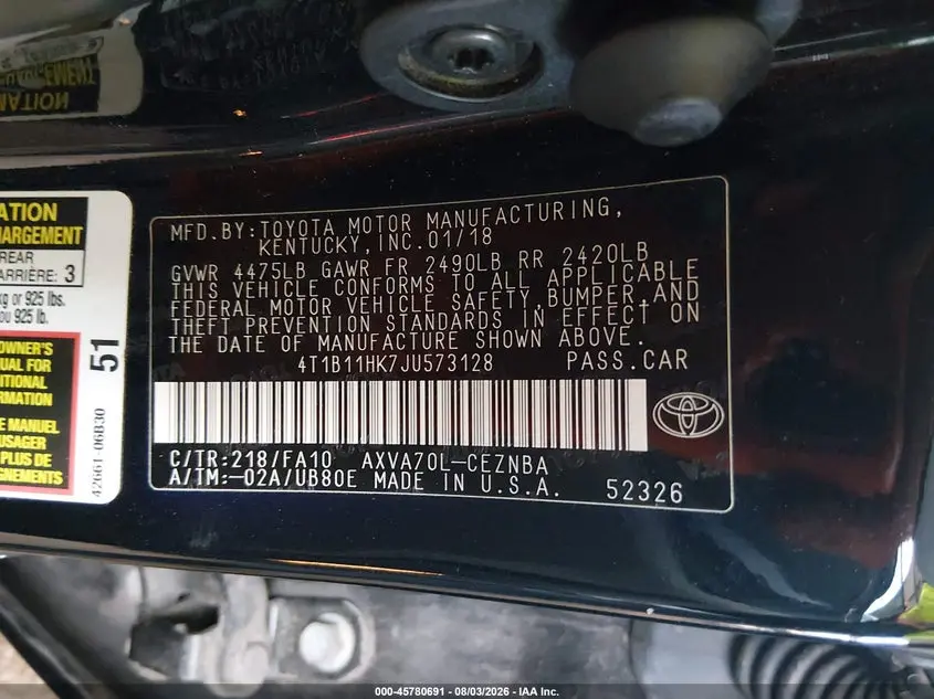 2018 TOYOTA CAMRY LE
