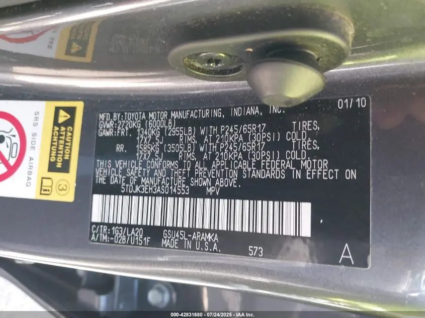 2010 TOYOTA HIGHLANDER SE V6