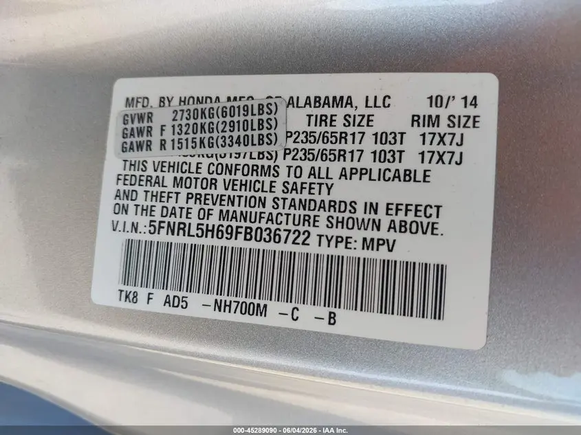 2015 HONDA ODYSSEY EX-L