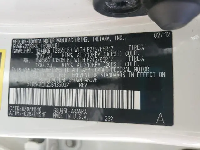 2012 TOYOTA HIGHLANDER BASE  