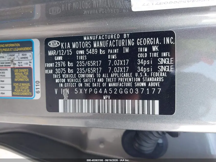 2016 KIA SORENTO 3.3L LX