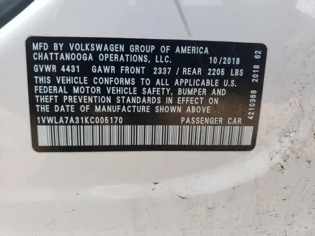 2019 VOLKSWAGEN PASSAT WOLFSBURG  