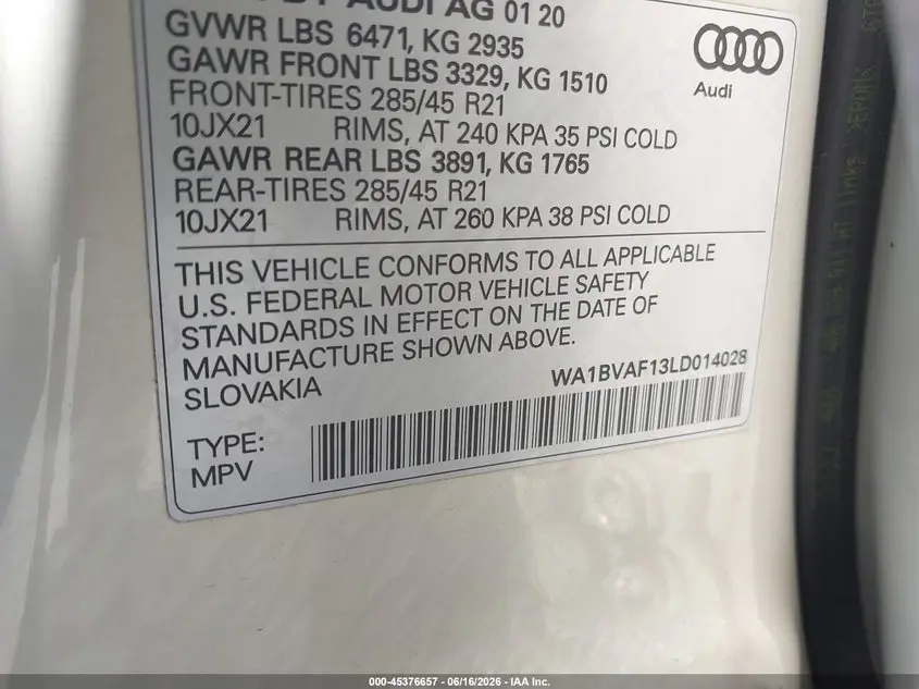 2020 AUDI Q8 PREMIUM PLUS 55 TFSI QUATTRO TIPTRONIC