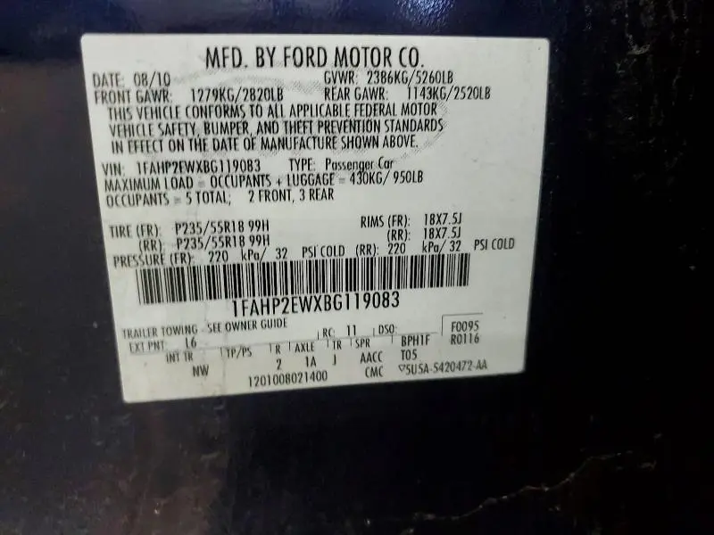 2011 FORD TAURUS SEL  