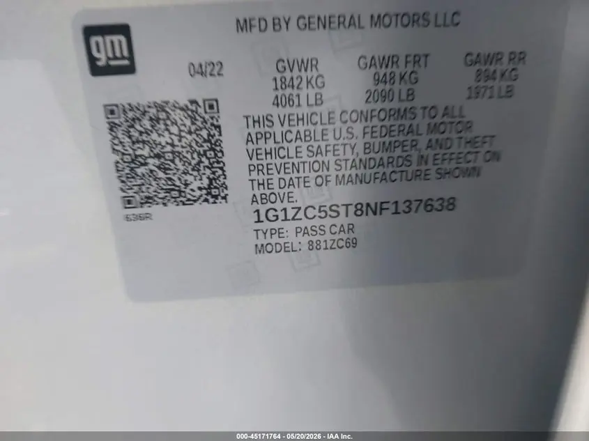 2022 CHEVROLET MALIBU FWD 1FL