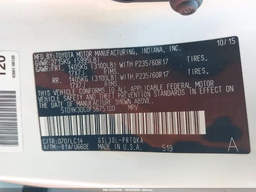 2015 TOYOTA SIENNA XLE PREMIUM 8 PASSENGER