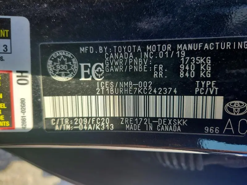 2019 TOYOTA COROLLA L  