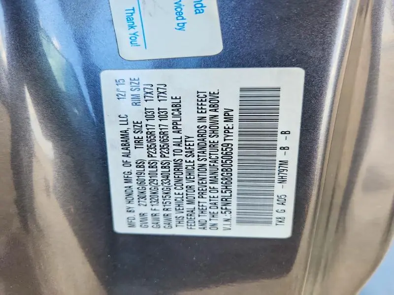 2016 HONDA ODYSSEY EXL  