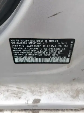 2012 VOLKSWAGEN PASSAT S