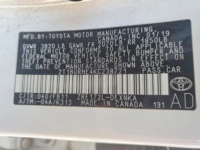 2019 TOYOTA COROLLA LE  