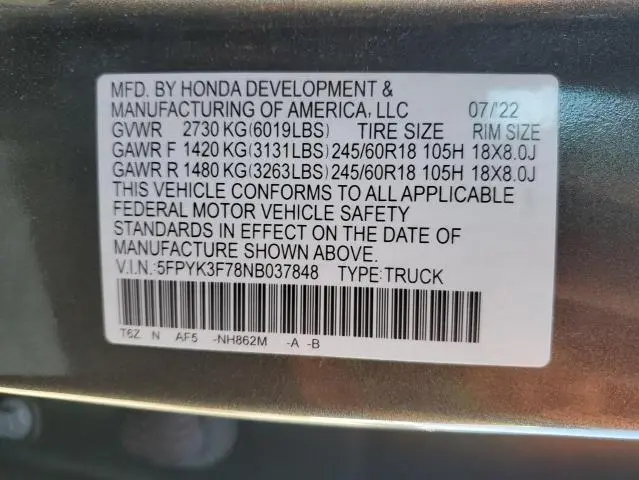 2022 HONDA RIDGELINE RTL  