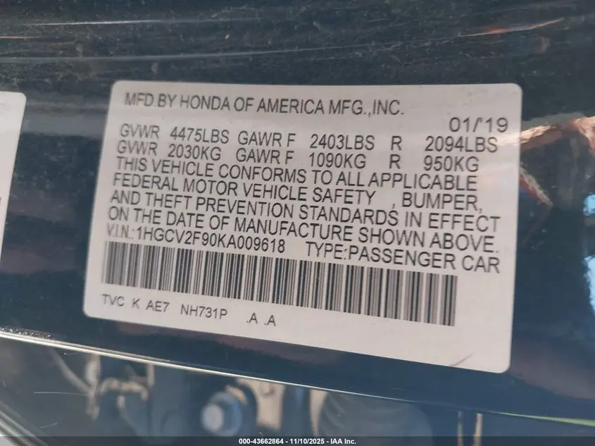 2019 HONDA ACCORD TOURING 2.0T