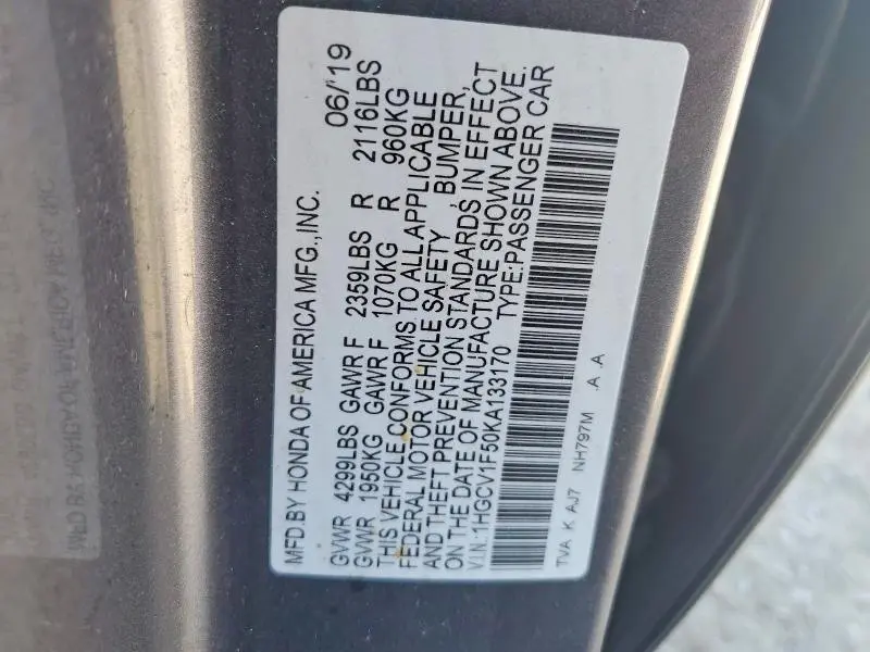 2019 HONDA ACCORD EXL  