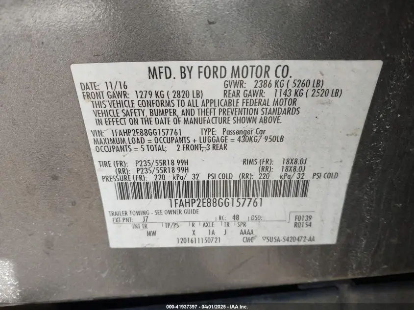 2016 FORD TAURUS SEL