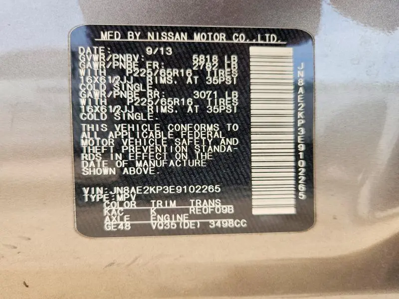2014 NISSAN QUEST 3.5 S  