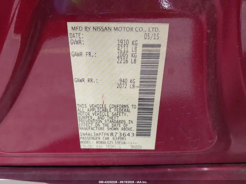 2015 NISSAN ALTIMA 2.5/2.5 S/2.5 SL/2.5 SV