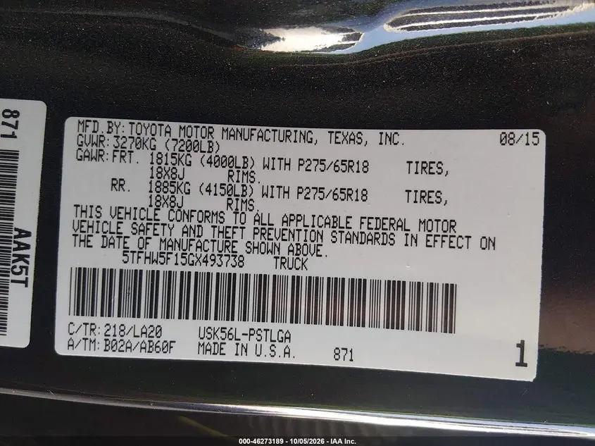 2016 TOYOTA TUNDRA LIMITED 5.7L V8