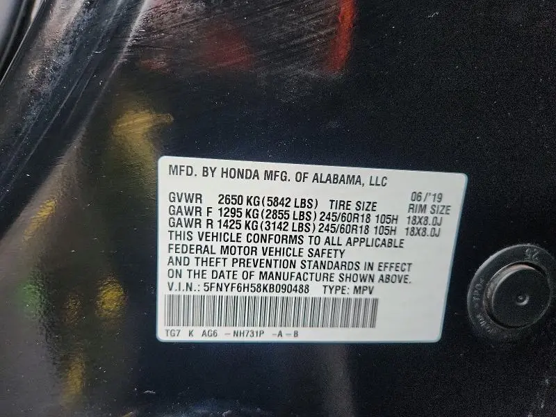 2019 HONDA PILOT EXL  
