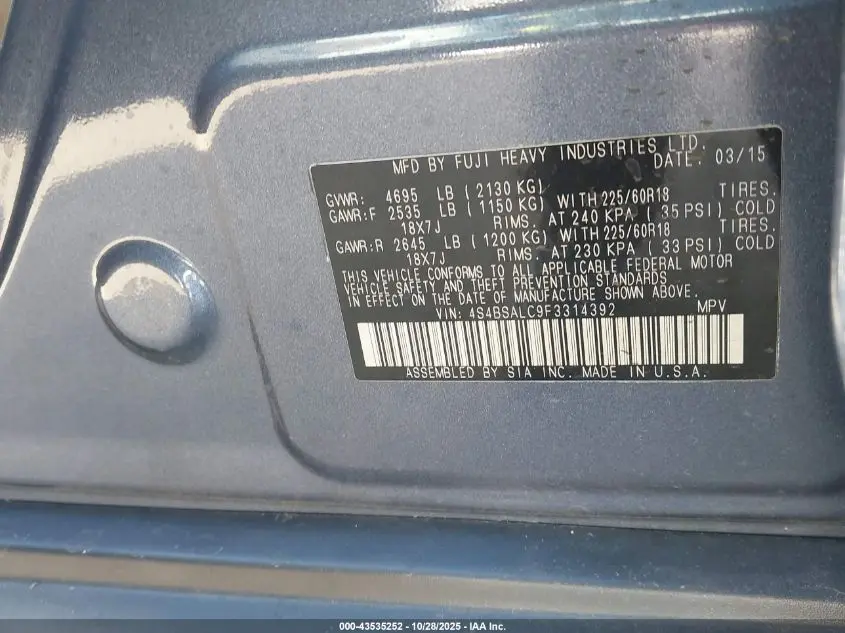 2015 SUBARU OUTBACK 2.5I LIMITED