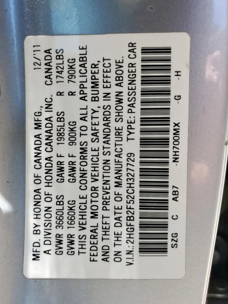 2012 HONDA CIVIC LX  