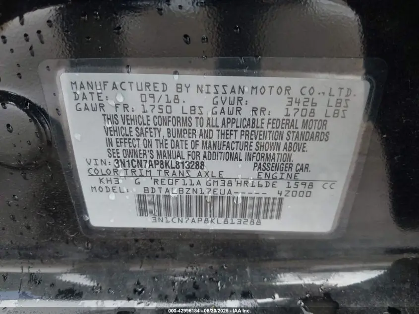 2019 NISSAN VERSA 1.6 SV