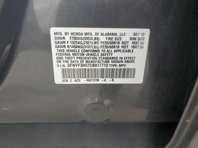 2012 HONDA PILOT EXL  