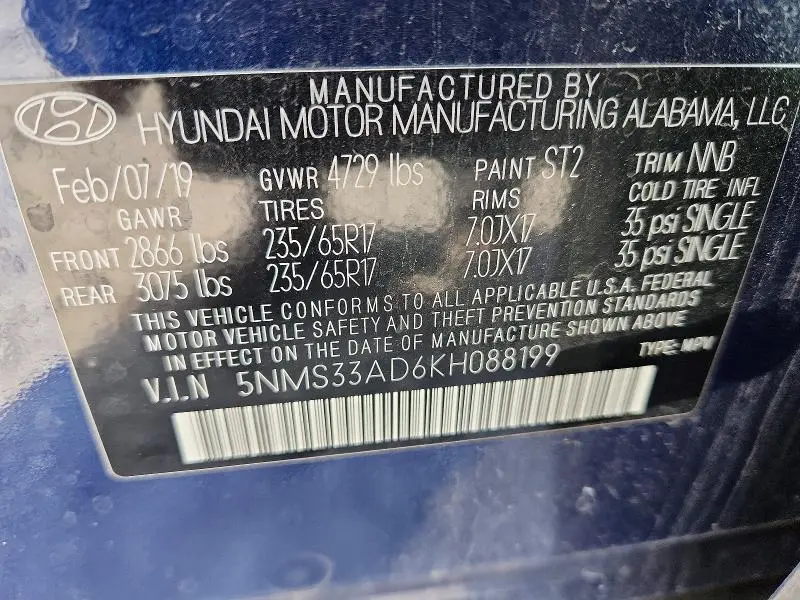 2019 HYUNDAI SANTA FE SEL 2.4L  