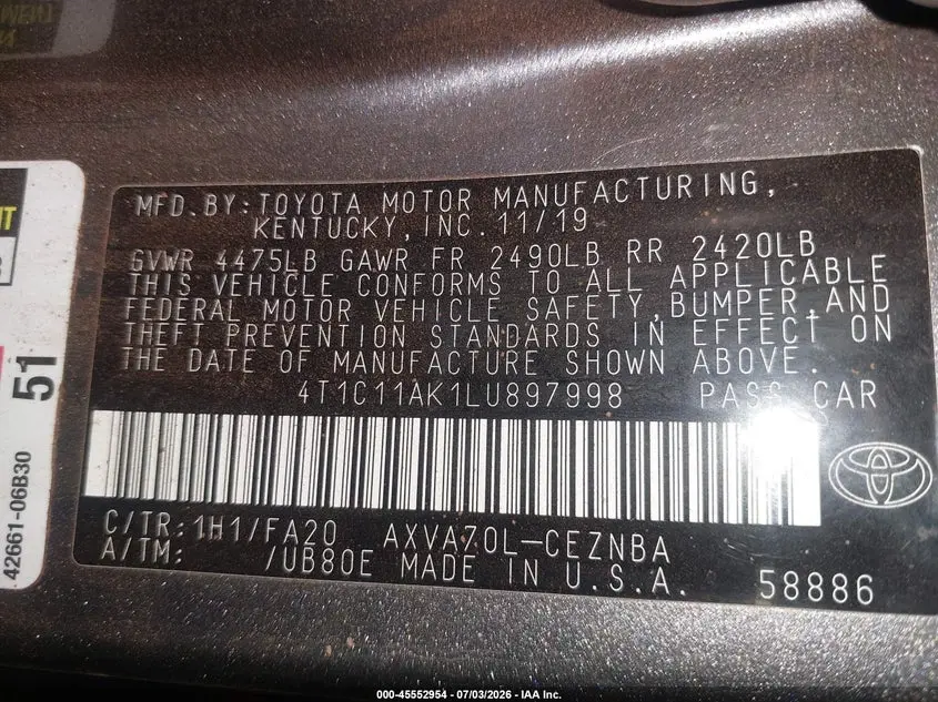 2020 TOYOTA CAMRY LE