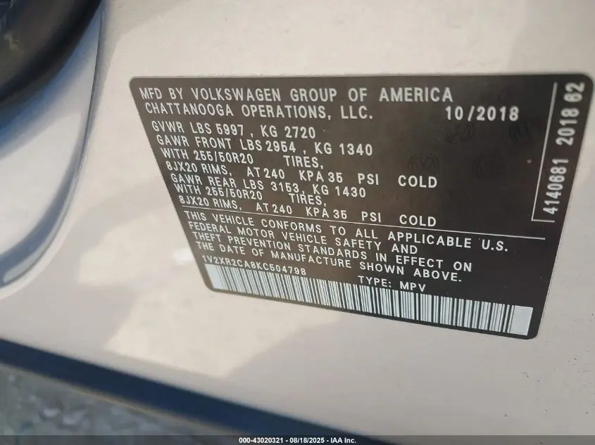 2019 VOLKSWAGEN ATLAS 3.6L V6 SE W/TECHNOLOGY R-LINE