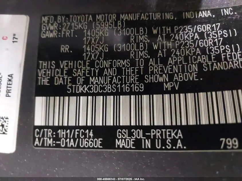 2011 TOYOTA SIENNA LE V6