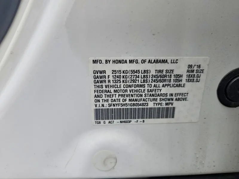 2016 HONDA PILOT EXL  
