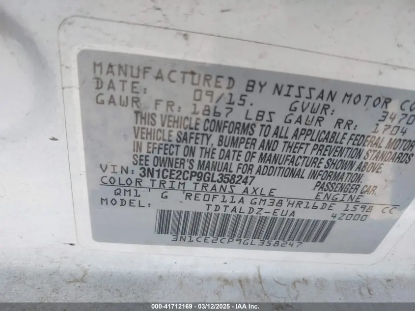 2016 NISSAN VERSA NOTE S (SR)/S PLUS/SL/SR/SV
